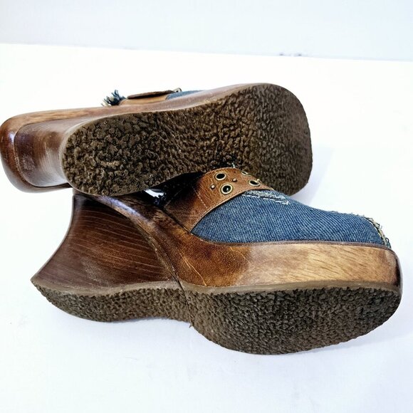 Schutz Y2K Wooden Denim Clog Heels Size 6M Wedge 90's Leather Buckle Fringe - Picture 6 of 7
